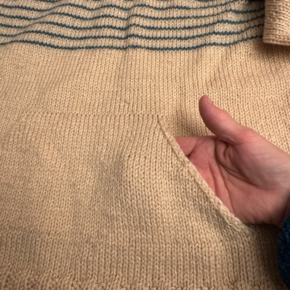 Hand Crafted Wool Cream and Blue Turtleneck Sweater - Picture 4 of 9